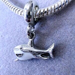 Shark Dangle Charm White Enamel Ocean Jewelry fits PANDORA